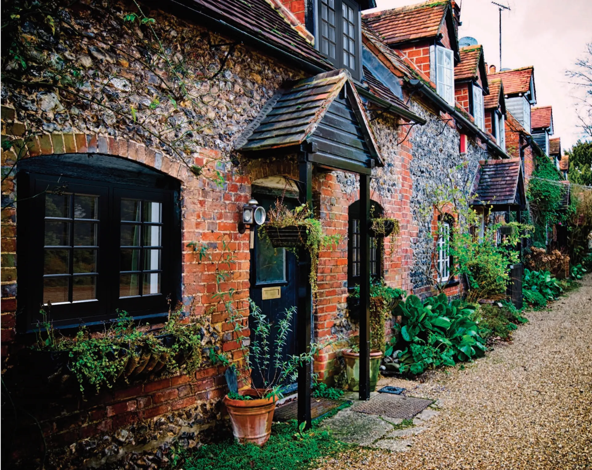 Brick cottage with dark-framed windows and a climbing plant