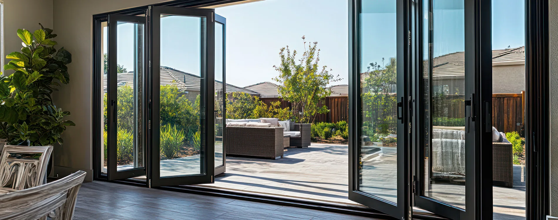 Wide glazed doors opening a living space to the garden